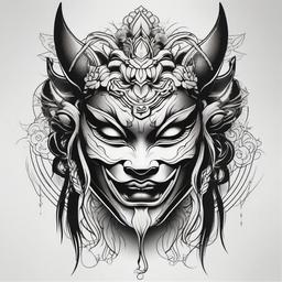 Oni Mask Tattoo Woman - Tattoo design featuring the Oni mask, designed specifically for a woman.  simple color tattoo,white background,minimal