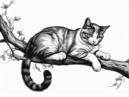 Cat perched on a branch ink: A moment of tranquility and agility in tattoo art.  color outline tattoo, white background