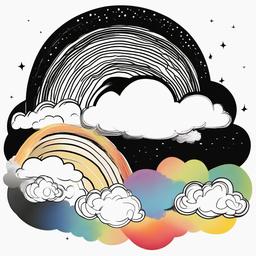 drawing of clouds with a rainbow  minimal rough sketch scribbles,doodles,black and white