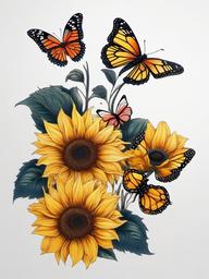 butterflies and sunflower tattoo  simple color tattoo,white background,minimal