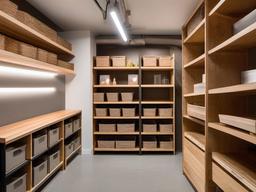 Biophilic interior design in the storage room includes natural wood shelving, organized bins, and bright lighting, maximizing function while maintaining a warm atmosphere.  