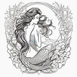 Beautiful Mermaid Tattoo - Embrace beauty and fantasy with a stunning tattoo featuring a beautiful mermaid.  simple vector color tattoo,minimal,white background