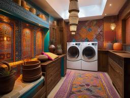 Moroccan laundry room dazzles with vibrant tiles, intricate lanterns, and colorful textiles, creating an exotic and inspiring laundry space.  