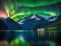 alaska's inside passage - illustrate a tranquil night in alaska's inside passage, where fjords, glaciers, and marine life are bathed in the soft glow of the northern lights. 