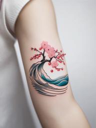 Cherry Blossom Wave Tattoo - Transient, waves and blossoms.  simple color tattoo,white background,minimal