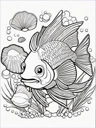 Fish Coloring Pages - Fish surrounded by beautiful seashells  simple coloring pages