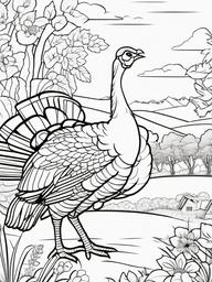 Turkey and Barnyard Friends Coloring Pages - Playful Scene of Turkey with Animals  minimal black outline printable sheet, coloring page