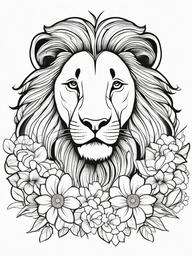 Lion Coloring Pages - Lion with a flowing mane surrounded by flowers  simple coloring pages