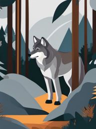 Grey Wolf Clip Art - A grey wolf in a forest setting,  color vector clipart, minimal style