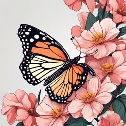 Butterfly and Blossoms Sticker - Butterfly near blooming flowers, ,vector color sticker art,minimal