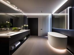 In the guest bathroom, futuristic interior design features minimalist fixtures, smart lighting, and a streamlined aesthetic that creates an inviting atmosphere for visitors.  