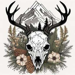 Deer skull, mountains, ferns, pine cones, flowers, trees  ,tattoo design, white background