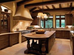 Tuscan kitchen showcases warm earth tones, rustic wooden beams, and a large dining table, evoking the charm of an Italian villa for family meals.  