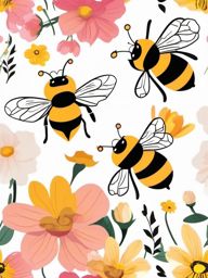 Bee and Flowers clipart - A bee pollinating spring flowers, ,vector color clipart,minimal