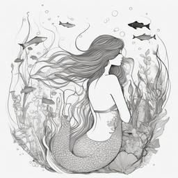 drawing of a mermaid with sea creatures  minimal rough sketch scribbles,doodles,black and white