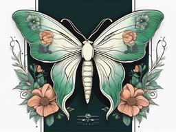 Luna Moth with Flowers Tattoo - Combine the enchanting Luna moth with floral elements in a tattoo design that radiates natural beauty.  simple vector color tattoo, minimal, white background