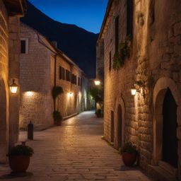 kotor, montenegro - illustrate the medieval charm of kotor's old town, with its ancient walls and narrow streets under the moonlight. 