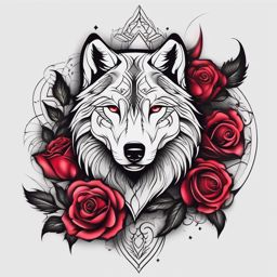 Rose and Wolf Tattoo,harmonious blend of a rose and a wolf, synthesis of beauty and strength. , tattoo design, white clean background