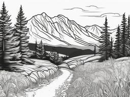 Hiking trail with trees and mountains in the background  simple coloring pages