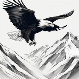 drawing of an eagle soaring above mountains  minimal rough sketch scribbles,doodles,black and white