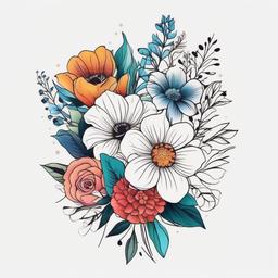 Floral Bouquet Tattoo - Tattoo featuring a colorful and assorted bouquet of flowers.  simple color tattoo,minimalist,white background