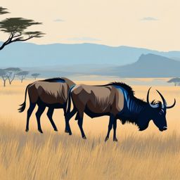 Blue Wildebeest Clip Art - Blue wildebeest on the African savanna,  color vector clipart, minimal style