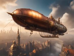 steampunk airship soaring above a sprawling, industrial cityscape. 