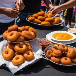 picarones at a street festival - enjoying golden picarones, sweet potato doughnuts served with syrup, at a vibrant street festival. 