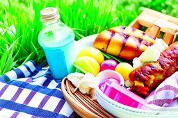 summer barbecue picnic, a picnic in the park with grilled chicken, corn on the cob, and potato salad. 