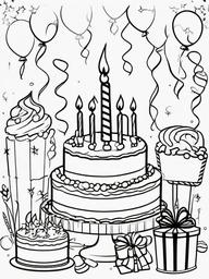 Happy Birthday Coloring Pages - Fun Birthday Celebration Scene  minimal black outline printable sheet, coloring page