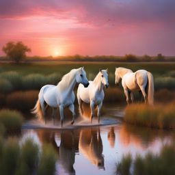 enchanted camargue wetlands - paint a scene from the enchanting camargue wetlands, featuring wild horses, pink flamingos, and marshy landscapes. 