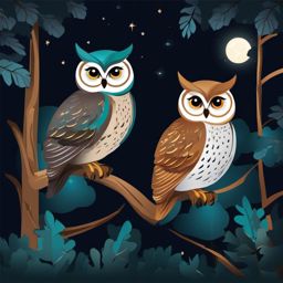 Owl Clipart, Wise owls perched in a moonlit forest. 