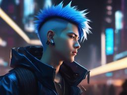 Boy with blue spiky hair in a futuristic cyberpunk city.  front facing, profile picture, anime style