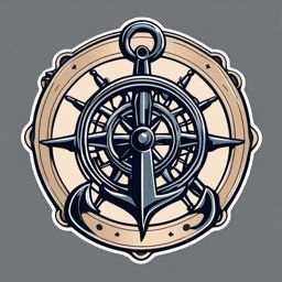 Anchor and Wheel Sticker - Nautical anchor with a ship's wheel, ,vector color sticker art,minimal