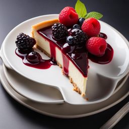 classic cheesecake with a berry compote, savored at a trendy café with live jazz music. 