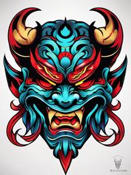 Oni Mask Tattoo Colored - Tattoo featuring the iconic Oni mask with vibrant and colorful elements.  simple color tattoo,white background,minimal