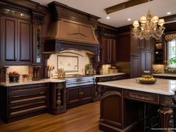 Victorian kitchen embodies classic elegance with intricate cabinetry, rich colors, and decorative accents that provide a luxurious cooking atmosphere.  