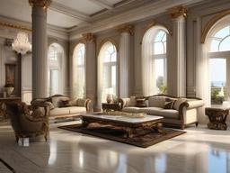 Neoclassical living room with marble floors, Corinthian columns, and ornate furniture reflects the grandeur of classical design.  