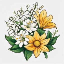 Daisy and Lily of the Valley Tattoo-Stunning tattoo with daisies and lilies of the valley, symbolizing sweetness, purity, and happiness.  simple color tattoo,minimal vector art,white background