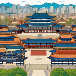 Seoul clipart - Gyeongbokgung Palace and Seoul skyline,  color vector clipart