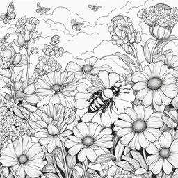 flower coloring pages - bees buzz among vibrant flowers in a sun-kissed garden. 