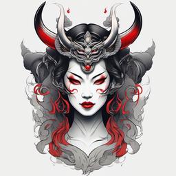 Japanese Demon Woman Tattoo - Tattoo design featuring a female demon inspired by Japanese mythology.  simple color tattoo,white background,minimal