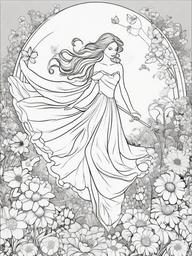 Fairy Dancing in a Flower Garden Coloring Pages - Fairy Twirling in a Bed of Flowers  minimal black outline printable sheet, coloring page