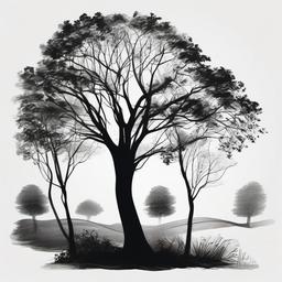 drawing of a silhouette of trees  minimal rough sketch scribbles,doodles,black and white