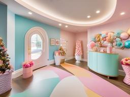 Candy Land entryway features bright pastel colors, oversized candy decorations, and playful storage solutions, creating a cheerful first impression for guests.  