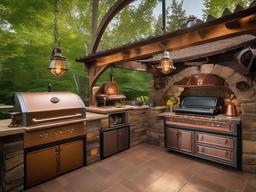 In the outdoor kitchen, steampunk interior design showcases vintage appliances, rustic accents, and eclectic decor that enhance cooking and entertaining experiences in a unique setting.  