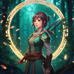 Skilled swordswoman, in an enchanted forest, guarding a mystical portal that leads to other realms.  front facing ,centered portrait shot, cute anime color style, pfp, full face visible