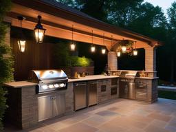 Georgian outdoor kitchen showcases classic fixtures, elegant finishes, and soft lighting that provide a cozy yet sophisticated environment for alfresco dining.  