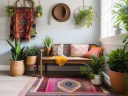 Bohemian entryway is adorned with colorful rugs, eclectic decor, and plants, creating a lively and personalized space for welcoming guests.  