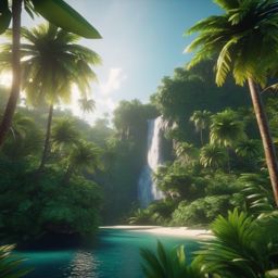 Tropical Island Landscape - A tropical island landscape with lush vegetation and a waterfall  8k, hyper realistic, cinematic